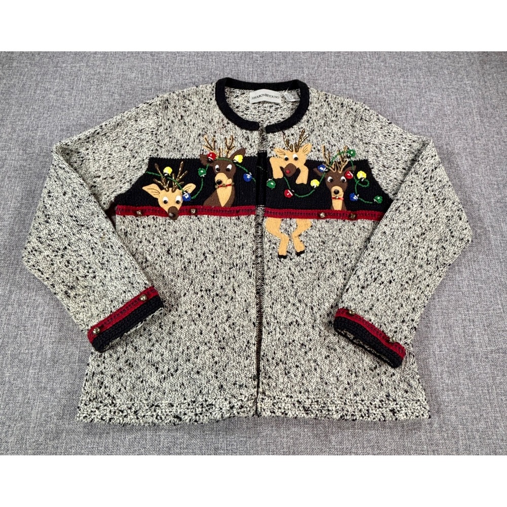 Vintage 90's Sharon Young Sweater Christmas Reindeer Bells Cardigan Grey M